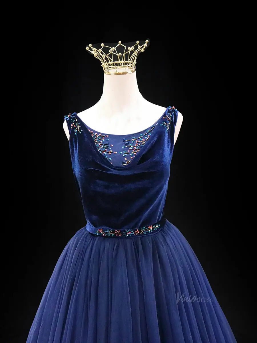 Dark Blue Tulle Prom Dresses with Velvet Bodice, Beaded Lace, Formal Dresses SU047 - Viniodressprom dressesBlueCustom Size - Formal Dresses - Ball Gowns