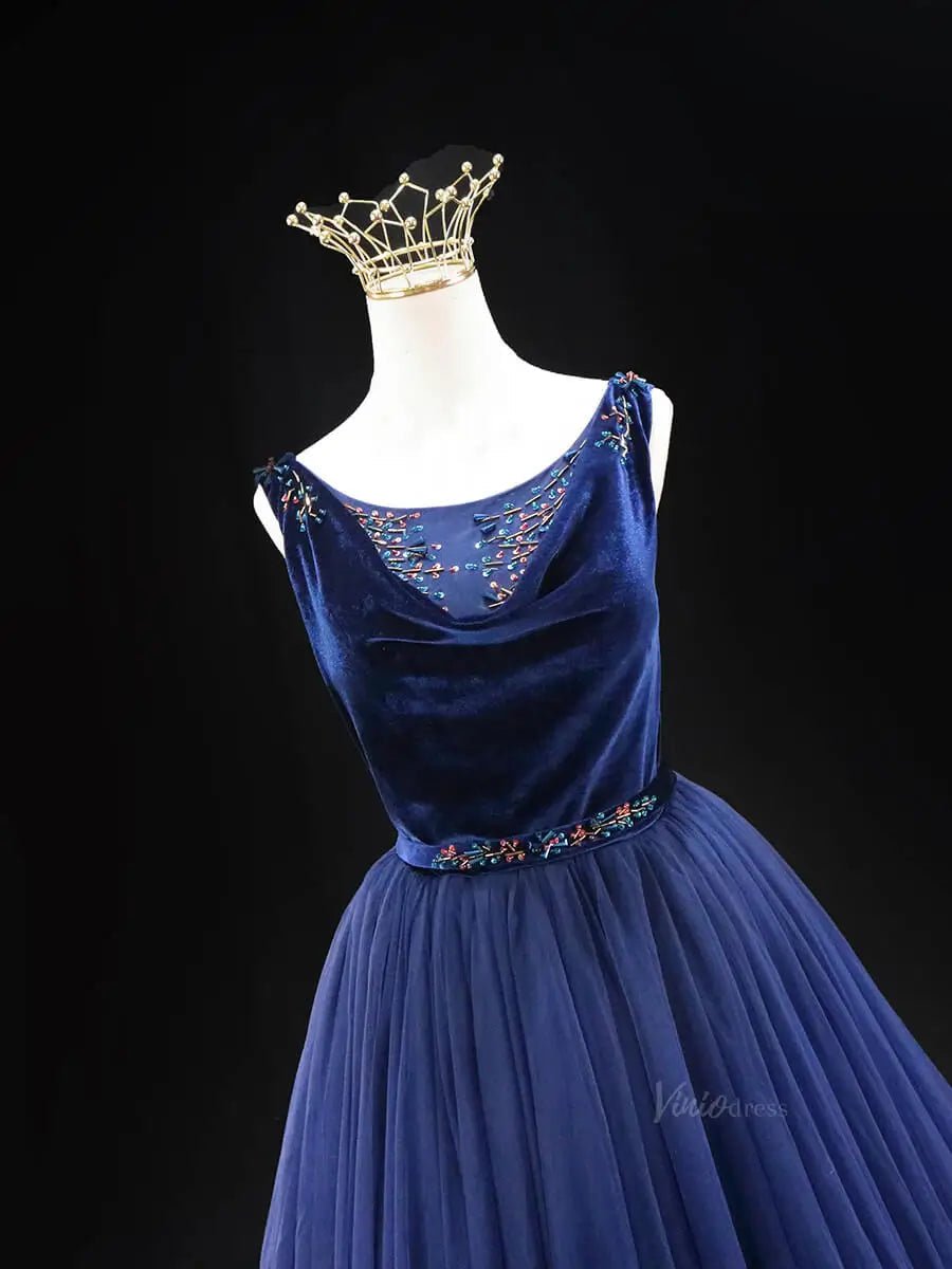 Dark Blue Tulle Prom Dresses with Velvet Bodice, Beaded Lace, Formal Dresses SU047 - Viniodressprom dressesBlueCustom Size - Formal Dresses - Ball Gowns