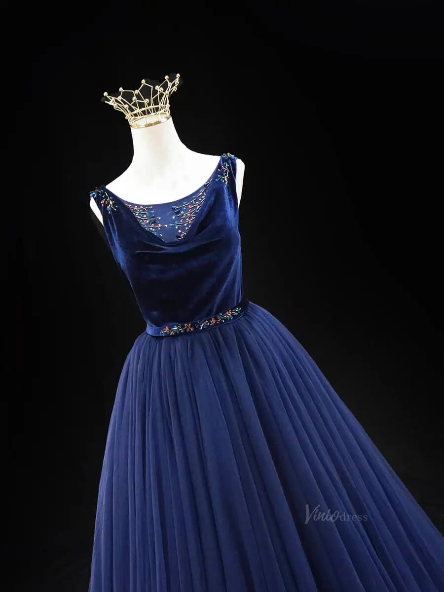 Dark Blue Tulle Prom Dresses with Velvet Bodice, Beaded Lace, Formal Dresses SU047 - Viniodressprom dressesBlueCustom Size - Formal Dresses - Ball Gowns