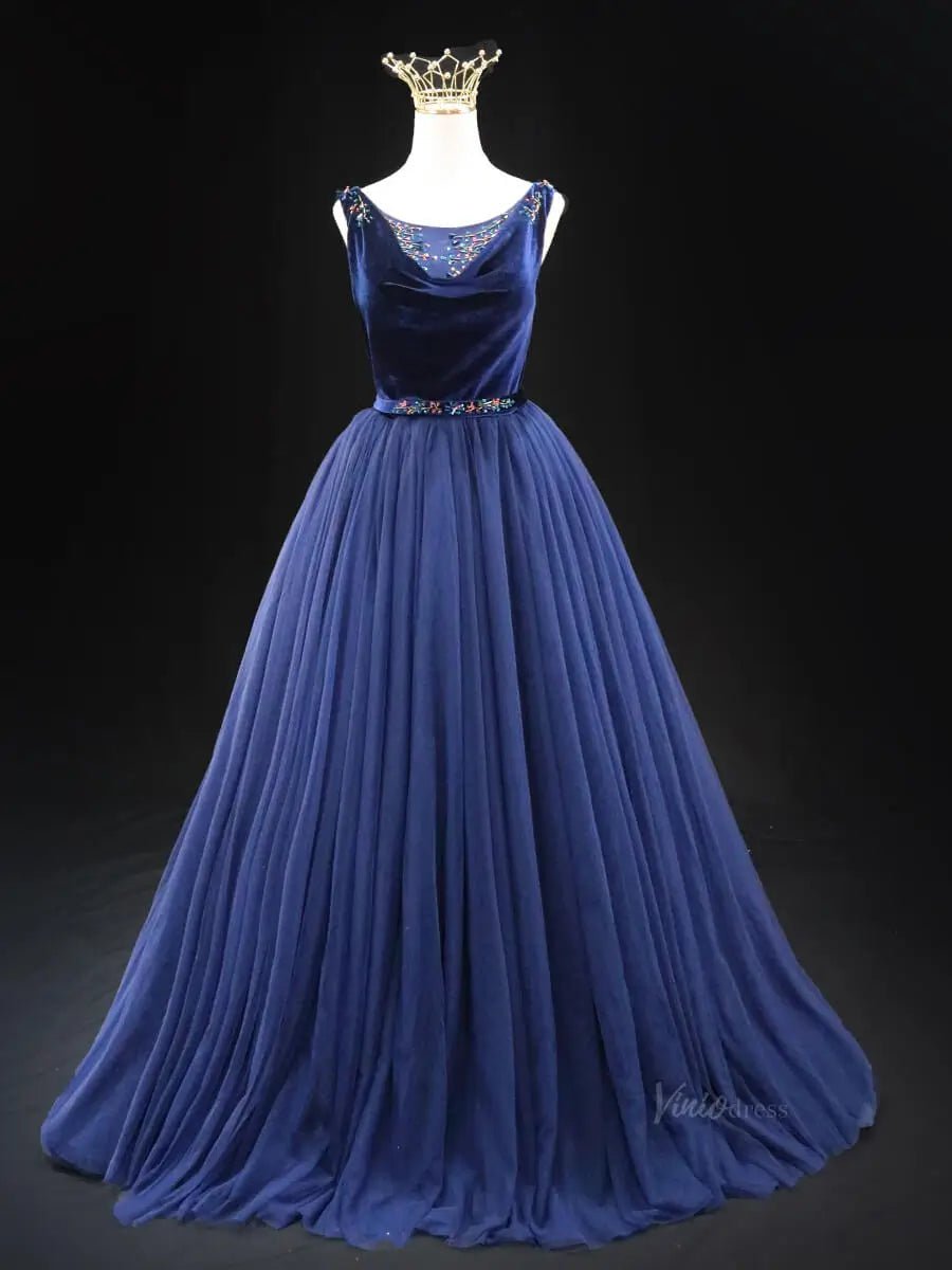 Dark Blue Tulle Prom Dresses with Velvet Bodice, Beaded Lace, Formal Dresses SU047 - Viniodressprom dressesBlueCustom Size - Formal Dresses - Ball Gowns