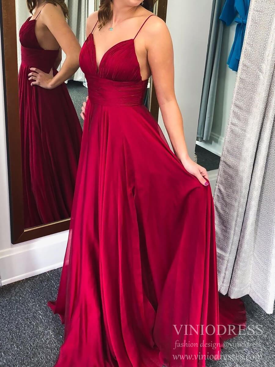 Prom Dress 2025 Dark Red Chiffon & Satin Prom Dresses Spaghetti Strap V-neck Formal Dress FD2130-unique prom dresses-Dark Red-Custom Size-Viniodress