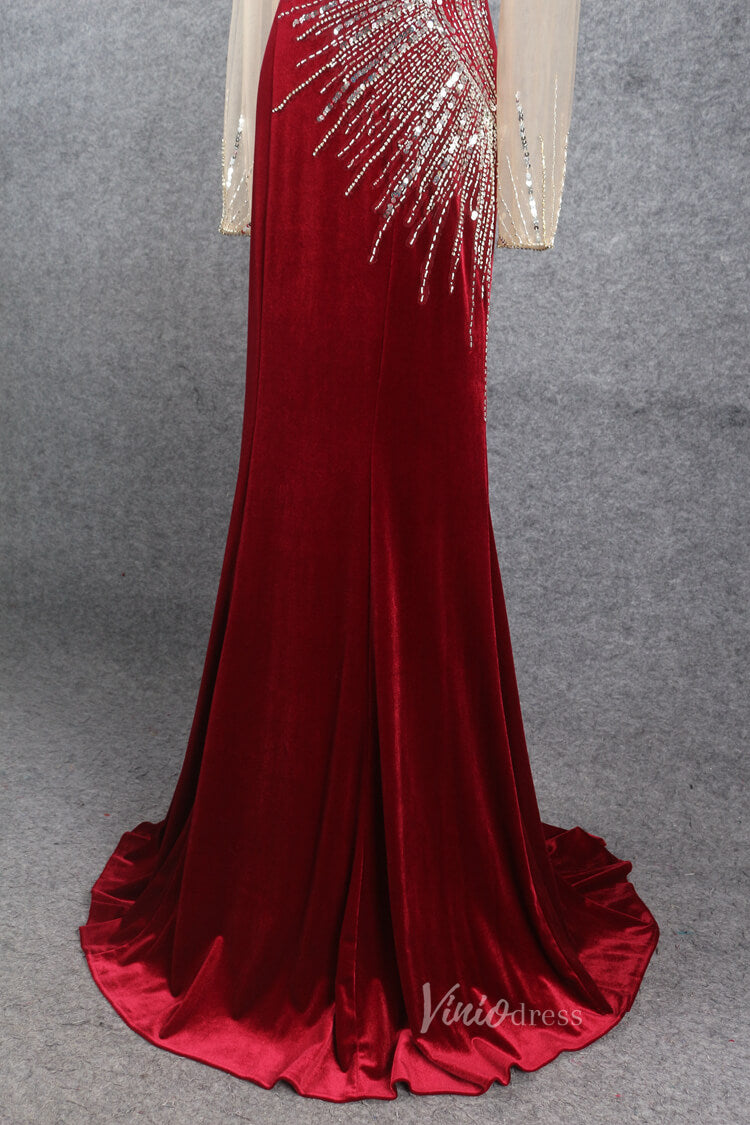 Prom Dress 2025 Dark Red Long Sleeve Prom Dress Beaded Velvet Evening Dress FD2608-unique Prom Dresses-Burgundy-US2-Viniodress