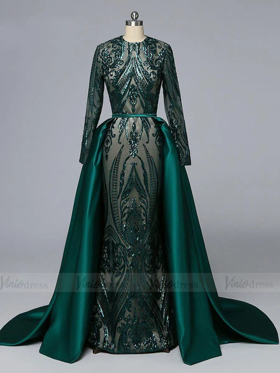 Prom Dress 2025 Detachable Burgundy Sequin Prom Dresses with Long Sleeves FD1633-unique prom dresses-Dark Green-Custom Size-Viniodress