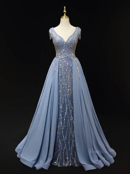 Dusty Blue Beaded Lace Prom Dresses with Overskirt, V - Neck, Formal Gown SU056 - Viniodressprom dressesBlueCustom Size - Formal Dresses - Ball Gowns