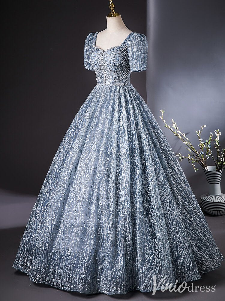 Dusty Blue Beaded Lace Quinceanera Dresses Puffed Sleeve Ball Gown AD1383 - Viniodressprom dressesDusty BlueCustom Size - Formal Dresses - Ball Gowns