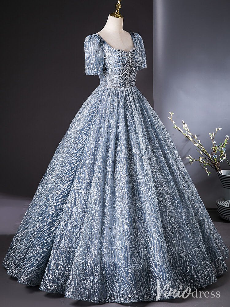 Dusty Blue Beaded Lace Quinceanera Dresses Puffed Sleeve Ball Gown AD1383 - Viniodressprom dressesDusty BlueCustom Size - Formal Dresses - Ball Gowns