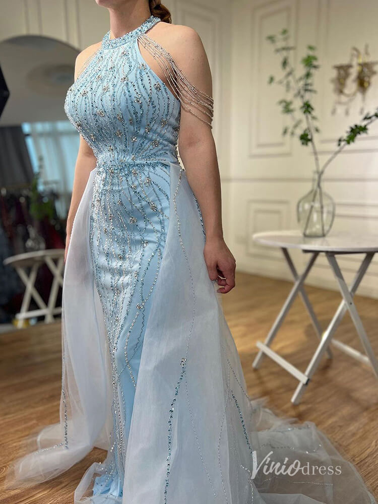 Prom Dress 2025 Dusty Blue Beaded Mermaid Evening Dresses with Overskirt Halter Neck Pageant Dress AD1144-unique prom dresses-Dusty Blue-US 2-Viniodress