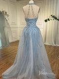 Prom Dress 2025 Dusty Blue Beaded Mermaid Evening Dresses with Overskirt Halter Neck Pageant Dress AD1144-unique prom dresses-Dusty Blue-US 2-Viniodress