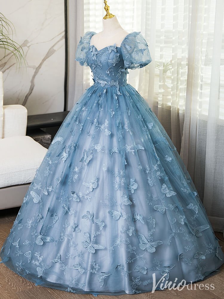 Dusty Blue Butterfly Lace Prom Dresses Puffed Sleeve Formal Dress AD1362 - Viniodressprom dressesDusty BlueCustom Size - Formal Dresses - Ball Gowns