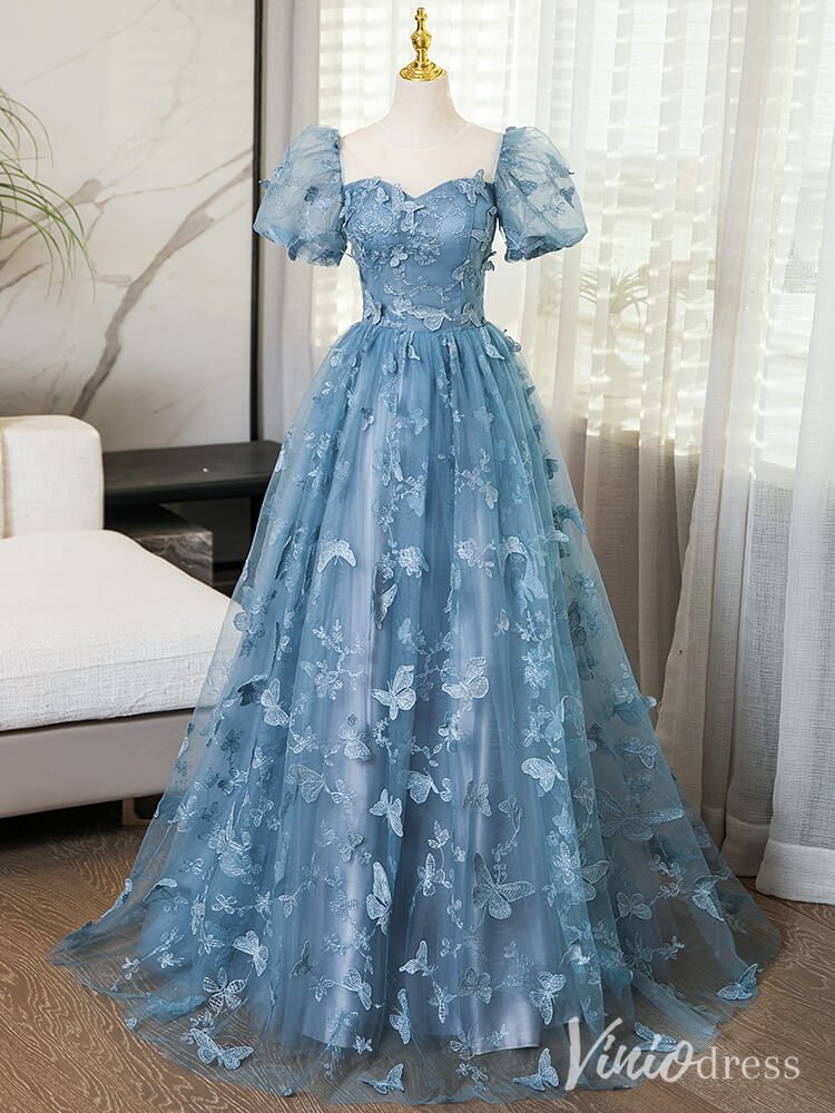 Dusty Blue Butterfly Lace Prom Dresses Puffed Sleeve Formal Dress AD1362 - Viniodressprom dressesDusty BlueCustom Size - Formal Dresses - Ball Gowns