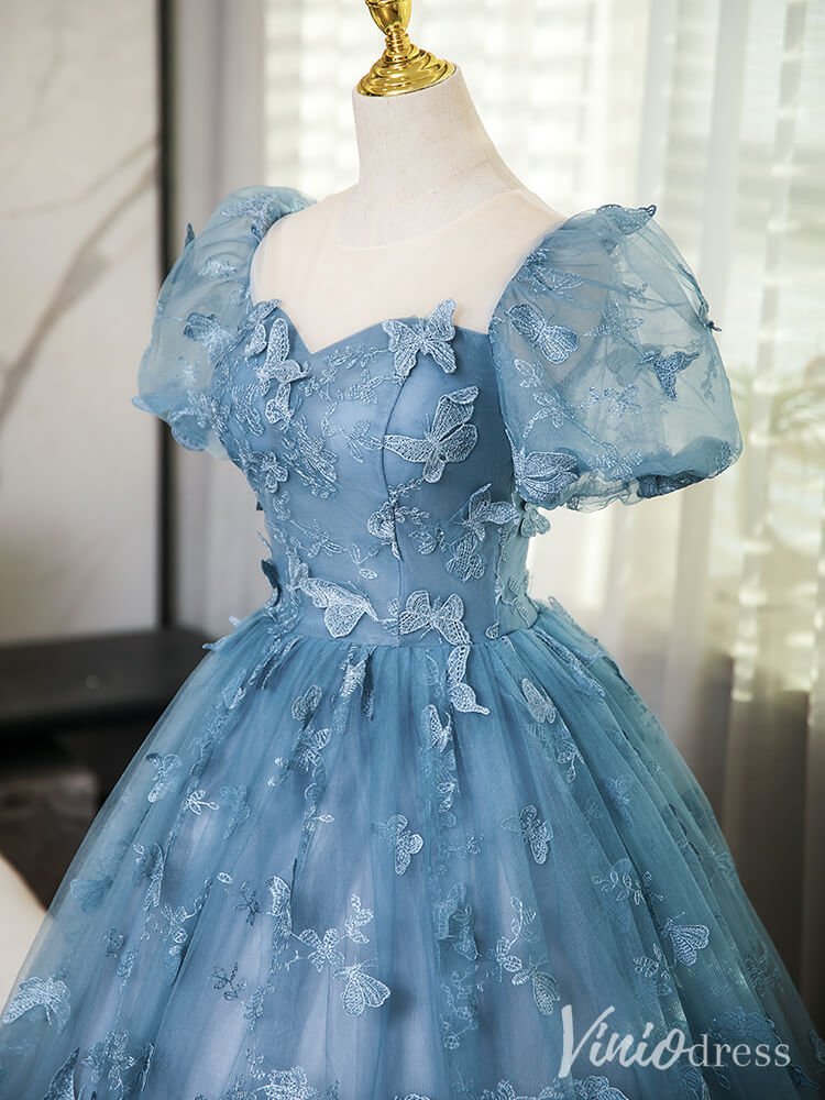 Dusty Blue Butterfly Lace Prom Dresses Puffed Sleeve Formal Dress AD1362 - Viniodressprom dressesDusty BlueCustom Size - Formal Dresses - Ball Gowns