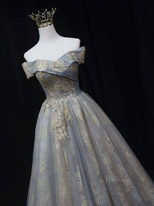 Dusty Blue Floral Prom Dresses with Gold Lace, Off the Shoulder Quinceanera Dresses SU008 - Viniodressprom dressesGoldCustom Size - Formal Dresses - Ball Gowns