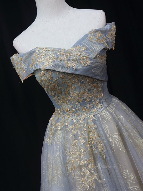 Dusty Blue Floral Prom Dresses with Gold Lace, Off the Shoulder Quinceanera Dresses SU008 - Viniodressprom dressesGoldCustom Size - Formal Dresses - Ball Gowns