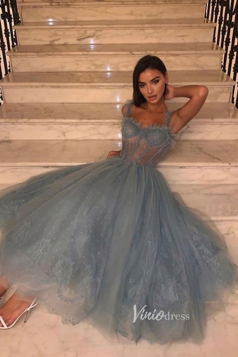 Short Prom Dresses 2025 Dusty Blue Lace Midi Prom Dress Sweetheat Long Party Dress FD2658-prom dresses-Viniodress-Dusty Blue-Custom Size-Viniodress