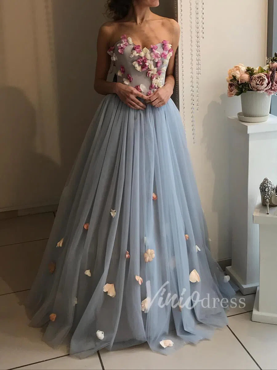 Prom Dress 2025 Dusty Blue Long Prom Dresses Strapless Floral Formal Dress FD1586-unique prom dresses-Dusty Blue-Custom Size-Viniodress