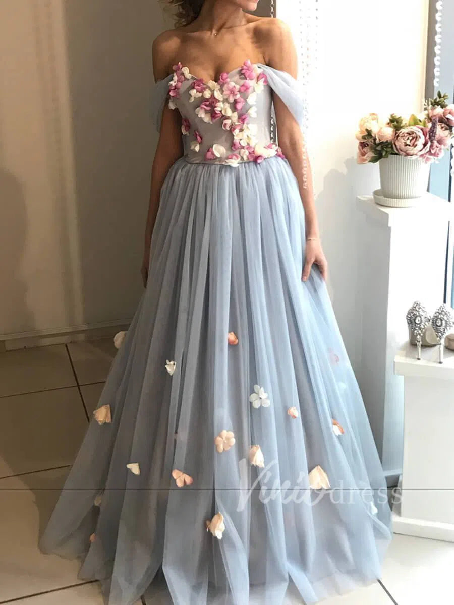 Prom Dress 2025 Dusty Blue Long Prom Dresses Strapless Floral Formal Dress FD1586-unique prom dresses-Dusty Blue-Custom Size-Viniodress