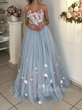 Prom Dress 2025 Dusty Blue Long Prom Dresses Strapless Floral Formal Dress FD1586-unique prom dresses-Dusty Blue-Custom Size-Viniodress