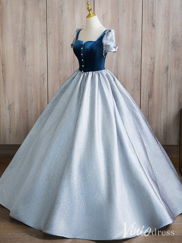 Dusty Blue Satin Prom Dresses Velvet Short Sleeve Quinceanera Dress AD1366 - Viniodressprom dressesDusty BlueCustom Size - Formal Dresses - Ball Gowns