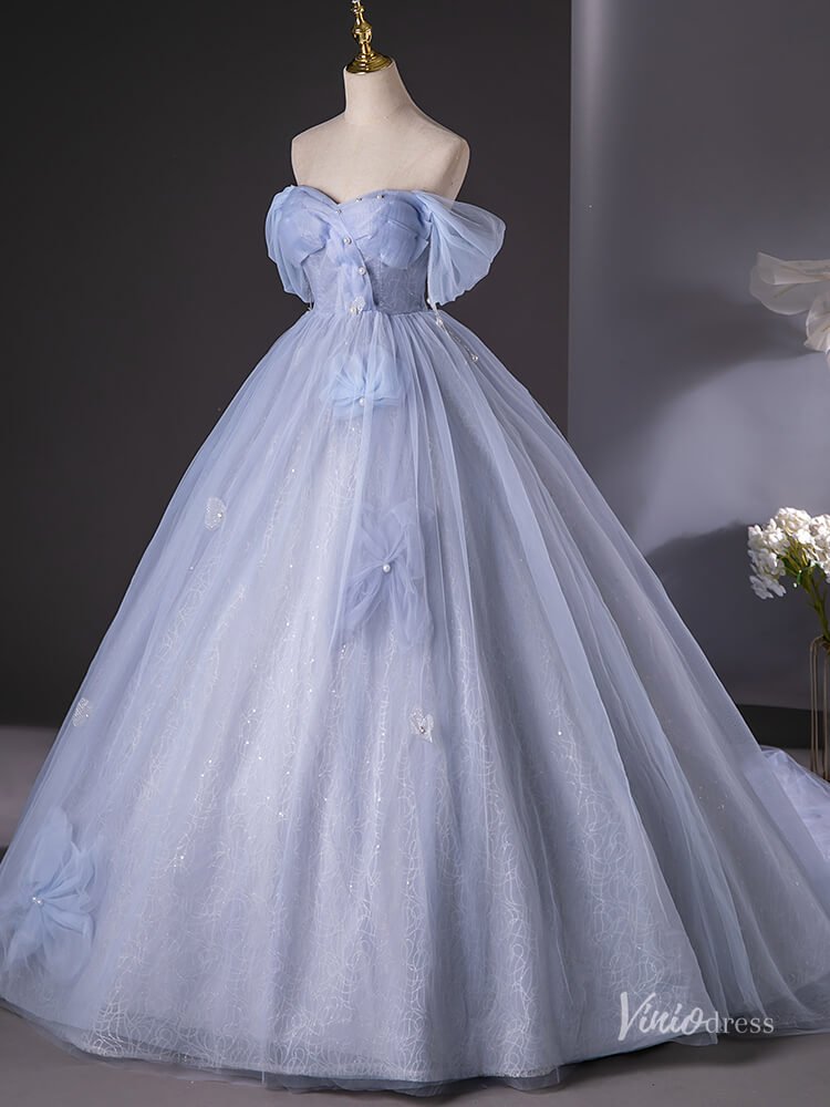 Dusty Blue Sparkly Off the Shoulder Prom Ball Gown Pearl Bow Tie Quinceanera Dresses BG015 - Viniodressprom dressesDusty BlueCustom Size - Formal Dresses - Ball Gowns