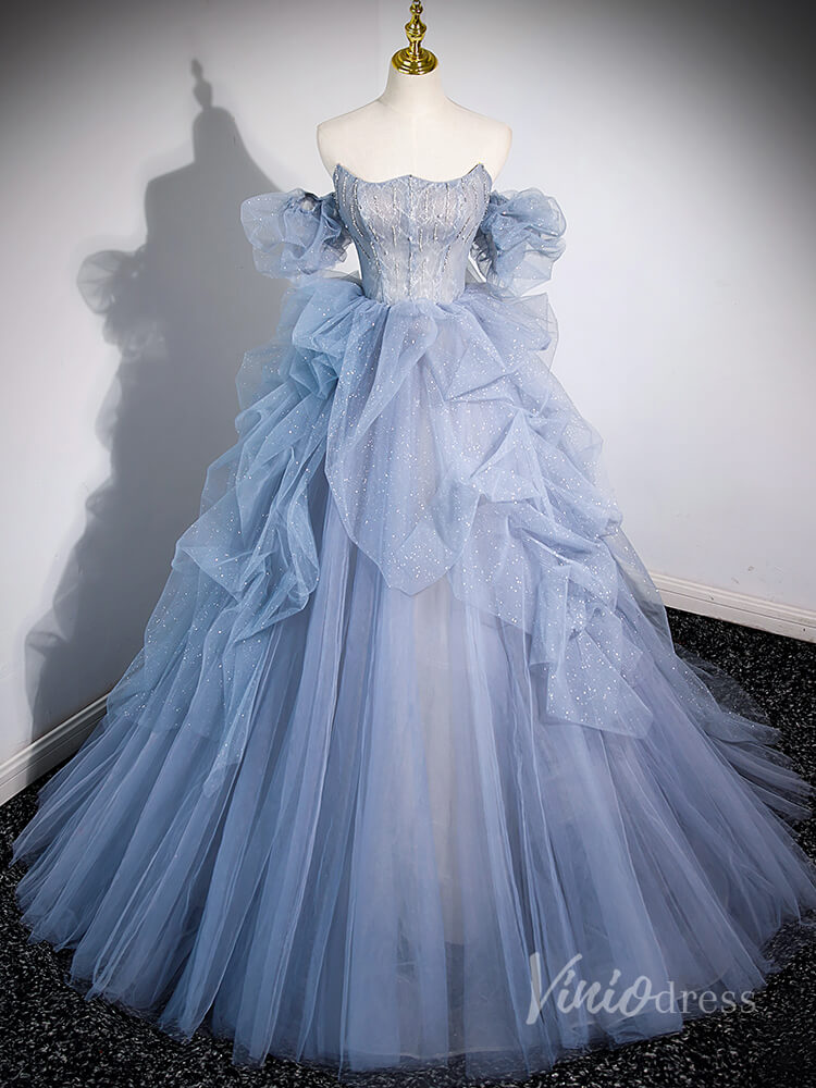 Prom Dress 2025 Dusty Blue Sparkly Tiered Tulle Prom Dresses Removable Puffed Sleeve 90040-unique prom dresses-Dusty Blue-Custom Size-Viniodress