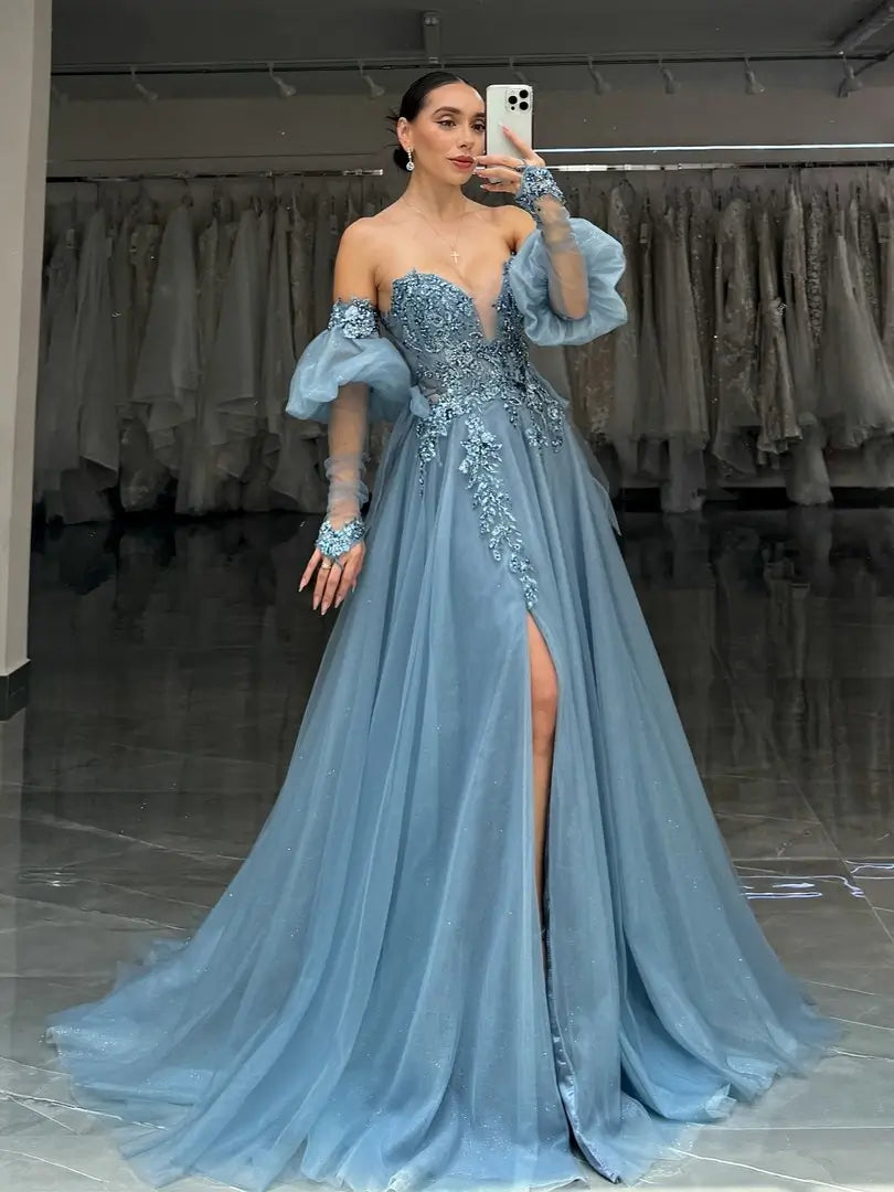 prom dresses 2025 Dusty Blue Sparkly Tulle Lace Prom Dress with Puffed Sleeve, Sweetheart Neckline & Slit - FD6091-plus size wedding dresses Viniodress-Blue-Custom Size-