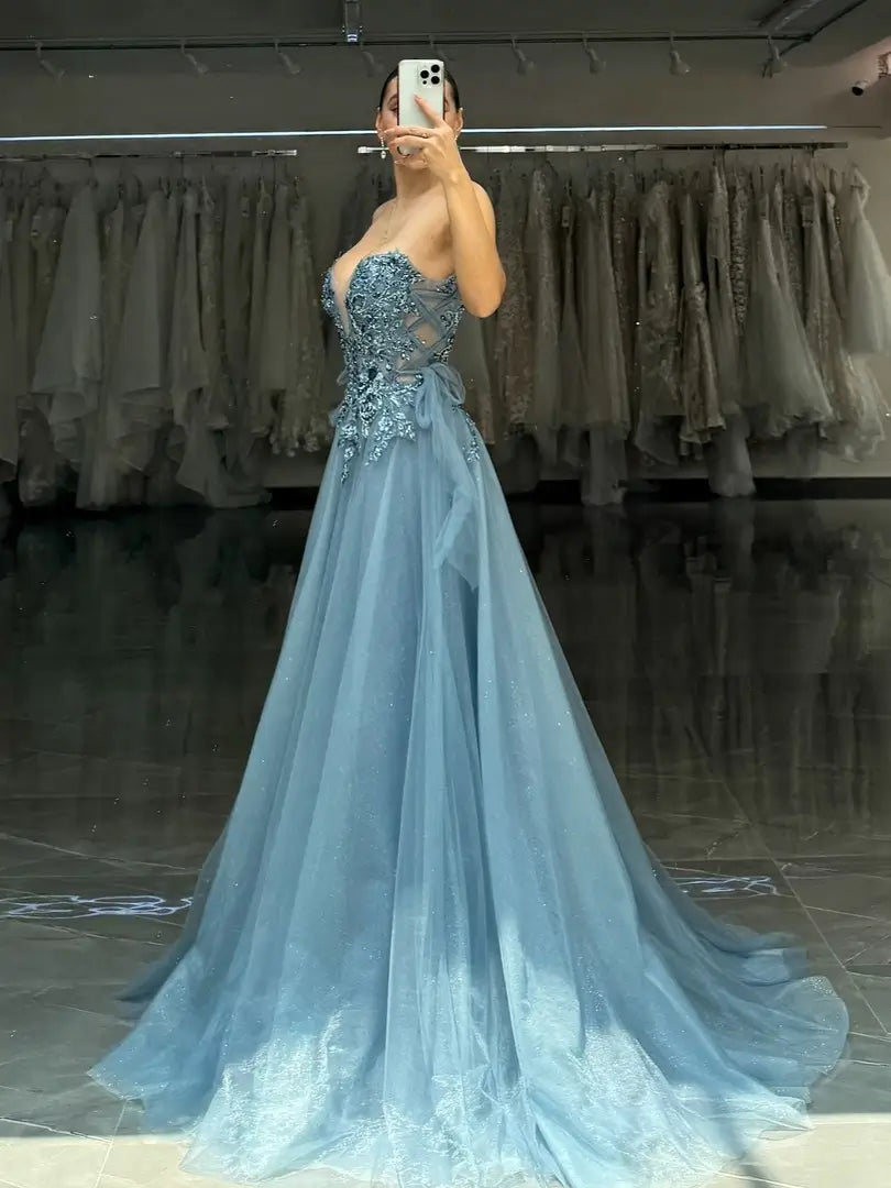 prom dresses 2025 Dusty Blue Sparkly Tulle Lace Prom Dress with Puffed Sleeve, Sweetheart Neckline & Slit - FD6091-plus size wedding dresses Viniodress-Blue-Custom Size-