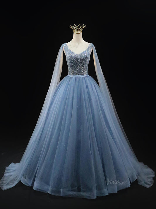 Dusty Blue Sparkly Tulle Prom Dresses with Extra Long Sleeve, Beaded Bodice, V - Neck, Quinceanera Dresses SU032 - Viniodressprom dressesBlueCustom Size - Formal Dresses - Ball Gowns