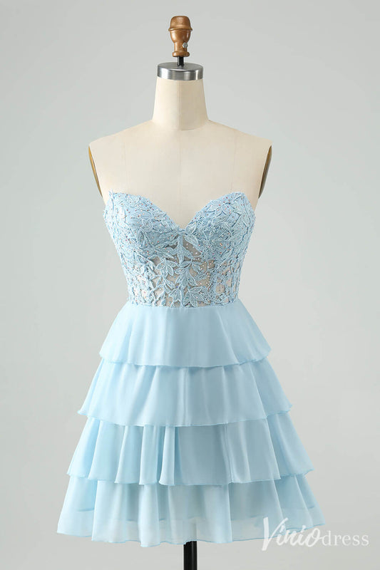 Dusty Blue Sweetheart Ruffled Homecoming Dresses Lace Applique Back to School Dress S24054 - Viniodressprom dressesDusty BlueCustom Size - Formal Dresses - Ball Gowns