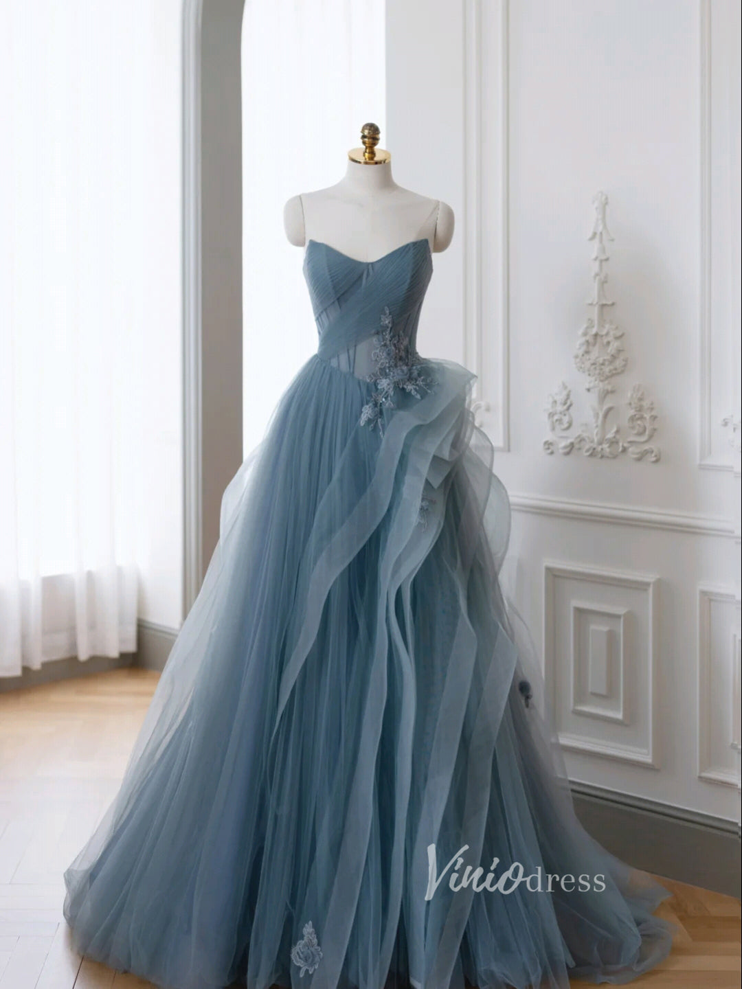 Prom Dress 2025 Dusty Blue Tulle Prom Dresses Off the Shoulder Removable Sleeve Evening Dress FD3216-unique prom dresses-Dusty Blue-Custom Size-Viniodress