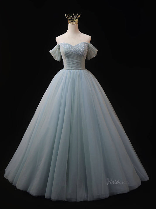 Dusty Blue Tulle Prom Dresses with Beaded Ruched Bodice, Off the Shouler Quince Dresses SU007 - Viniodressprom dressesBlueCustom Size - Formal Dresses - Ball Gowns