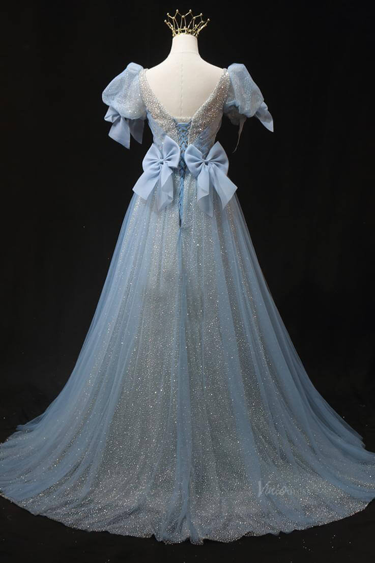 Dusty Blue Tulle Prom Dresses with Puffed Sleeve, Bow, Beaded Quinceanera Dresses SU012 - Viniodressprom dressesBlueCustom Size - Formal Dresses - Ball Gowns