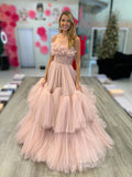 Prom Dress 2025 Dusty Pink Tiered Ruffle Tulle Prom Dresses Strapless Beaded Waist FD4077-unique prom dresses-Pink-Custom Size-Viniodress