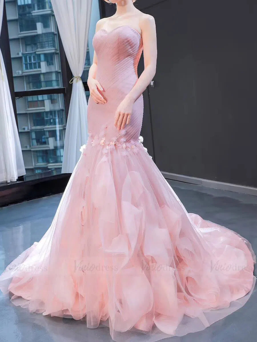 Prom Dress 2025 Dusty Rose Tulle Strapless Mermaid Prom Dresses with Train 66930-unique prom dresses-Dusty Rose-Custom Size-Viniodress