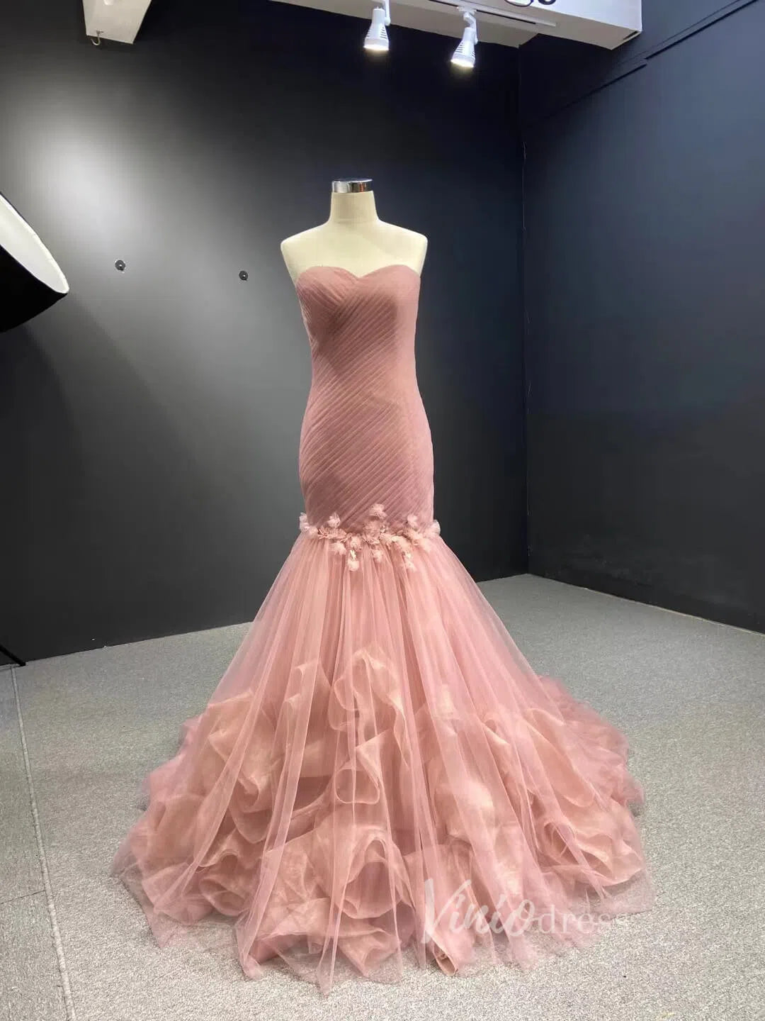 Prom Dress 2025 Dusty Rose Tulle Strapless Mermaid Prom Dresses with Train 66930-unique prom dresses-Dusty Rose-Custom Size-Viniodress