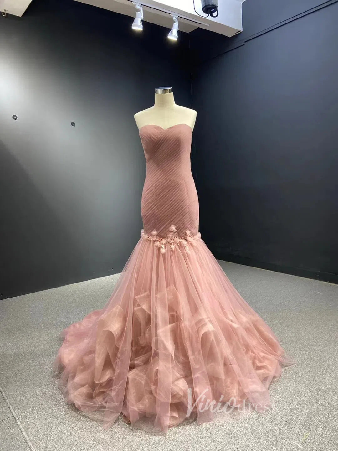 Prom Dress 2025 Dusty Rose Tulle Strapless Mermaid Prom Dresses with Train 66930-unique prom dresses-Dusty Rose-Custom Size-Viniodress