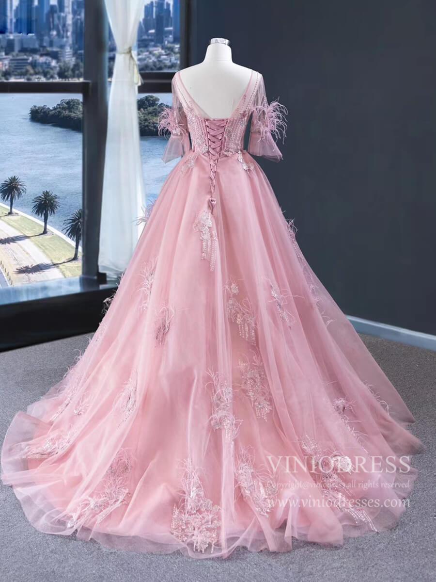 Prom Dress 2025 Elbow Sleeve Dusty Rose Prom Dresses Feather Lace Formal 67015-unique prom dresses-Dusty Rose-Custom Size-Viniodress