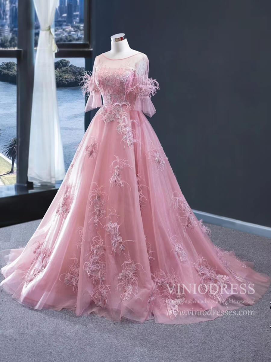 Prom Dress 2025 Elbow Sleeve Dusty Rose Prom Dresses Feather Lace Formal 67015-unique prom dresses-Dusty Rose-Custom Size-Viniodress