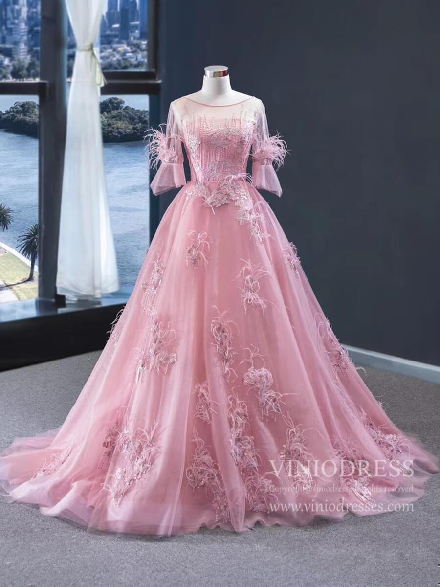 Prom Dress 2025 Elbow Sleeve Dusty Rose Prom Dresses Feather Lace Formal 67015-unique prom dresses-Dusty Rose-Custom Size-Viniodress