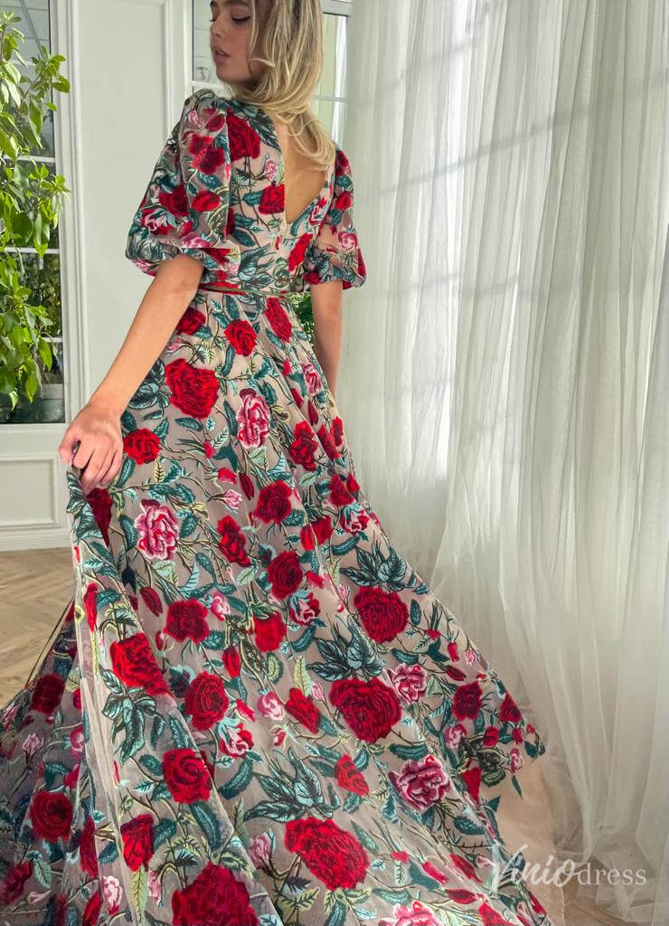 Elbow Sleeve Red Floral Prom Dresses V - neck Formal Dress with Pockets TO012B - Viniodressprom dressesRedCustom Size - Formal Dresses - Ball Gowns