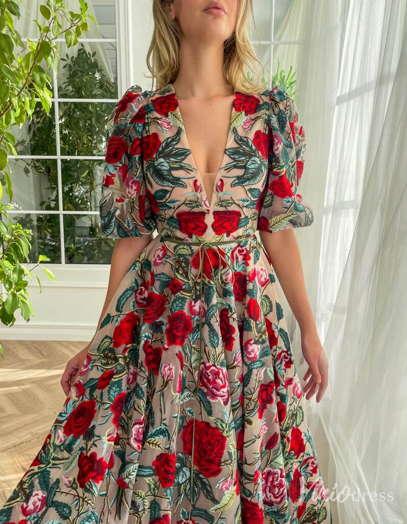 Elbow Sleeve Red Floral Prom Dresses V - neck Formal Dress with Pockets TO012B - Viniodressprom dressesRedCustom Size - Formal Dresses - Ball Gowns