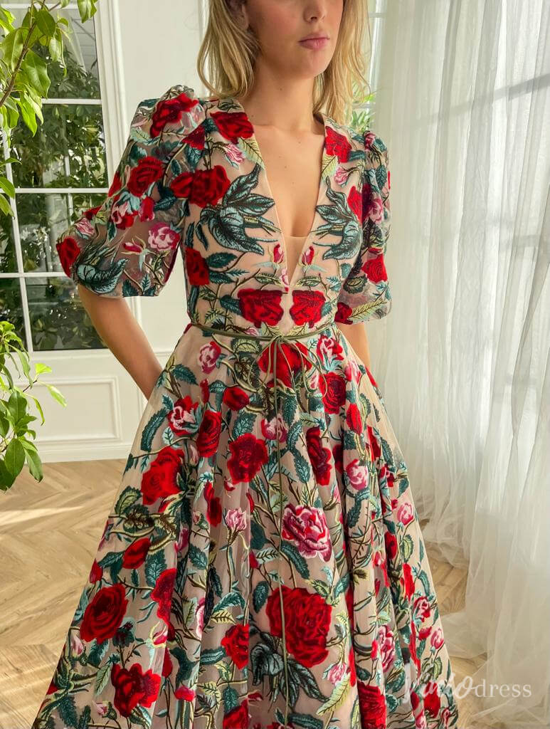 Prom Dress 2025 Elbow Sleeve Red Floral Prom Dresses V-neck Formal Dress with Pockets TO012B-unique prom dresses-Red-Custom Size-Viniodress