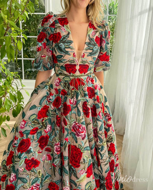 Elbow Sleeve Red Floral Prom Dresses V - neck Formal Dress with Pockets TO012B - Viniodressprom dressesRedCustom Size - Formal Dresses - Ball Gowns