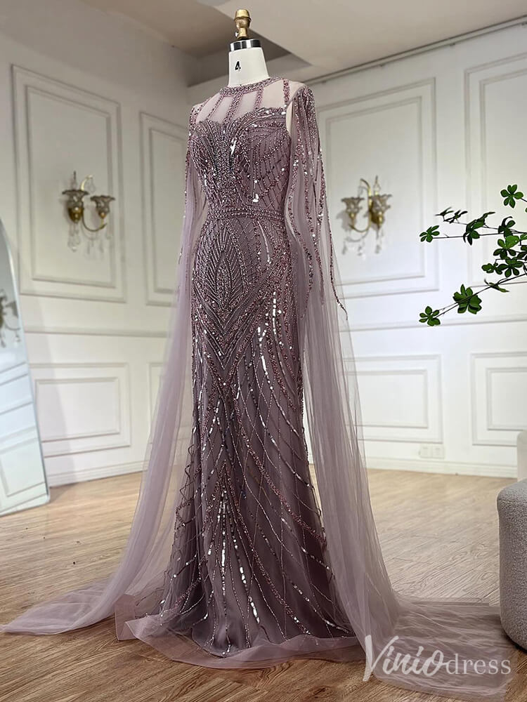 Prom Dress 2025 Elegant Beaded Lace Sheath Prom Dresses Extra Long Sleeve Pageant Dress 20213-unique prom dresses-Mauve-US 2-Viniodress