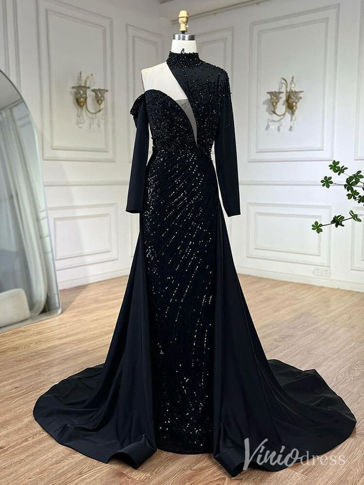 Prom Dress 2025 Elegant Beaded Mermaid Prom Dresses with Overskirt Long Sleeve Pageant Dress AD1238-unique prom dresses-Black-US 2-Viniodress