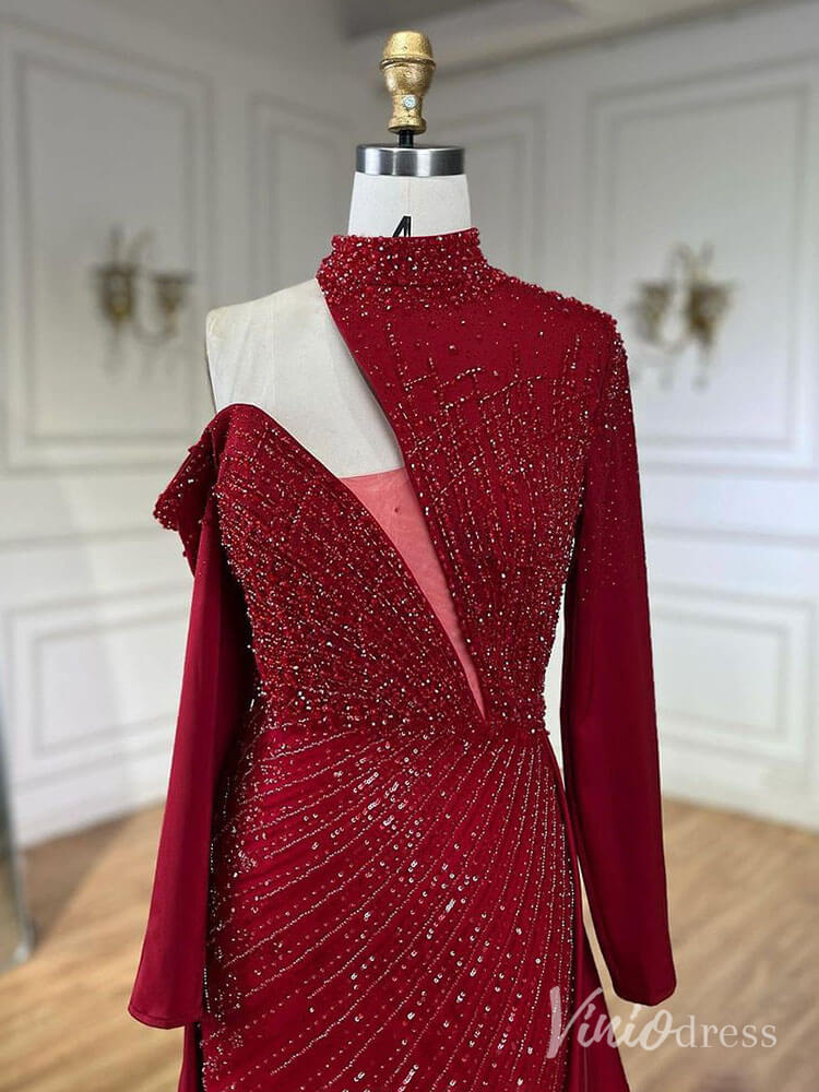 Prom Dress 2025 Elegant Beaded Mermaid Prom Dresses with Overskirt Long Sleeve Pageant Dress AD1238-unique prom dresses-Magenta-US 2-Viniodress