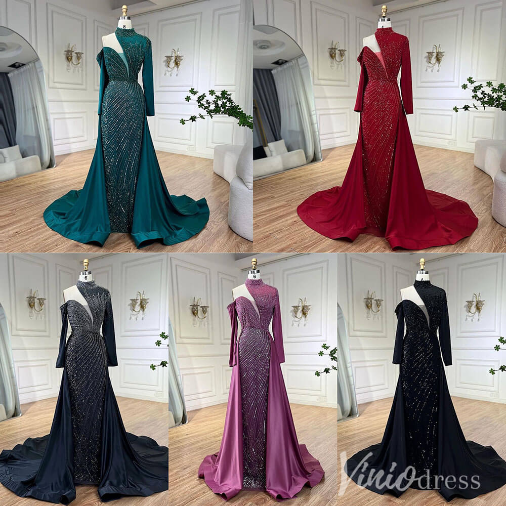 Prom Dress 2025 Elegant Beaded Mermaid Prom Dresses with Overskirt Long Sleeve Pageant Dress AD1238-unique prom dresses-Magenta-US 2-Viniodress