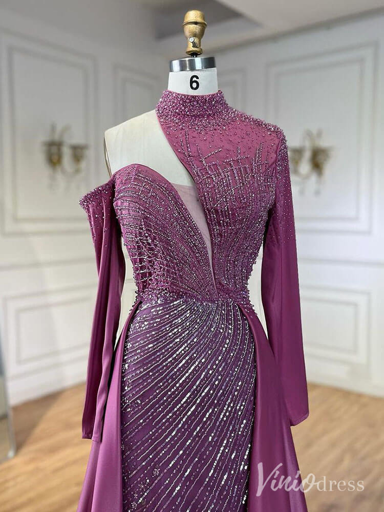 Prom Dress 2025 Elegant Beaded Mermaid Prom Dresses with Overskirt Long Sleeve Pageant Dress AD1238-unique prom dresses-Magenta-US 2-Viniodress