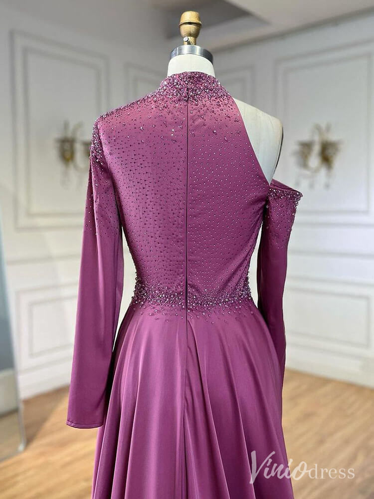 Prom Dress 2025 Elegant Beaded Mermaid Prom Dresses with Overskirt Long Sleeve Pageant Dress AD1238-unique prom dresses-Magenta-US 2-Viniodress