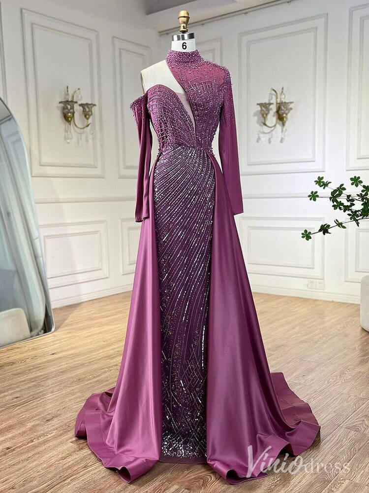 Prom Dress 2025 Elegant Beaded Mermaid Prom Dresses with Overskirt Long Sleeve Pageant Dress AD1238-unique prom dresses-Magenta-US 2-Viniodress