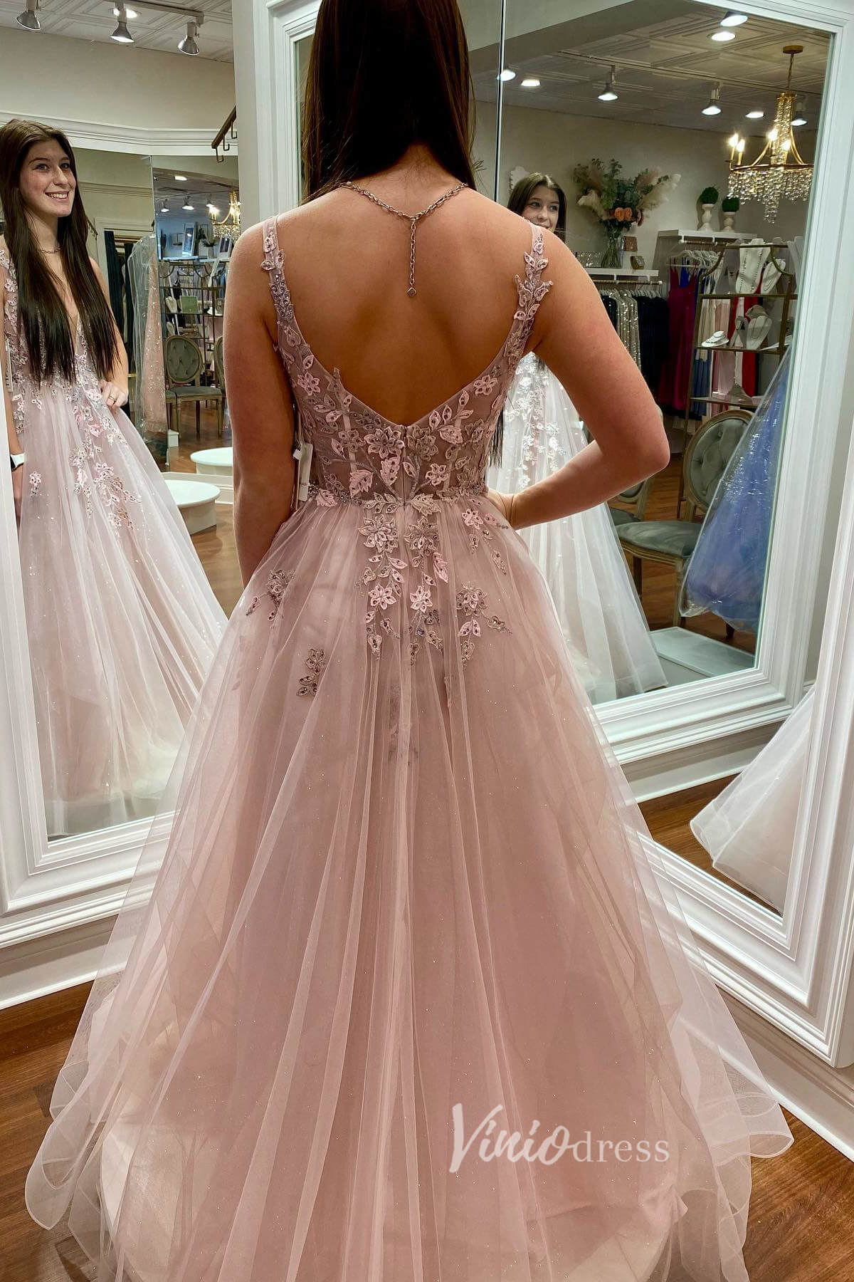 Elegant Blush Lace Applique Prom Dress with Plunging V - Neck FD3468 - Viniodressprom dressesBlush PinkCustom Size - Formal Dresses - Ball Gowns